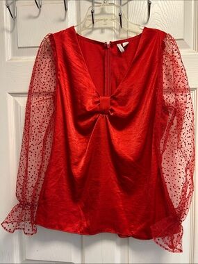 Cato Red Bow-Accent Sheer Dot Sleeve Blouse